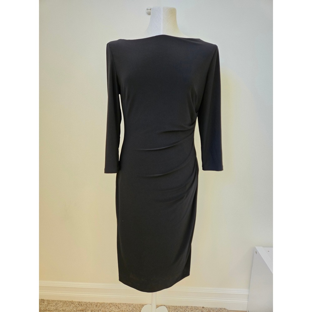 Lauren Ralph Lauren Black Ruched Sheath Dress 3/4 Sleeve Boat Neck Size 8